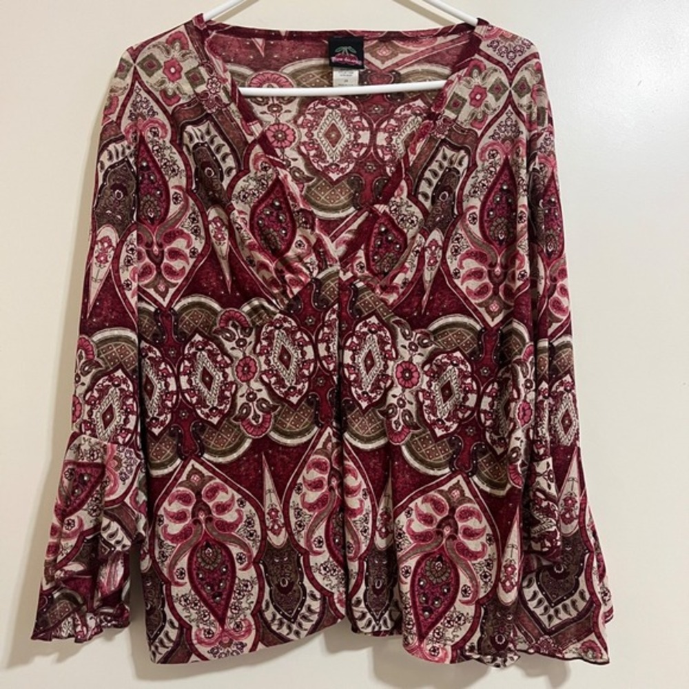 Vtg Diva-Licious Sheer Mesh Top 2X Y2K Whimsigoth Boho Paisley Bell Sleeve Artsy